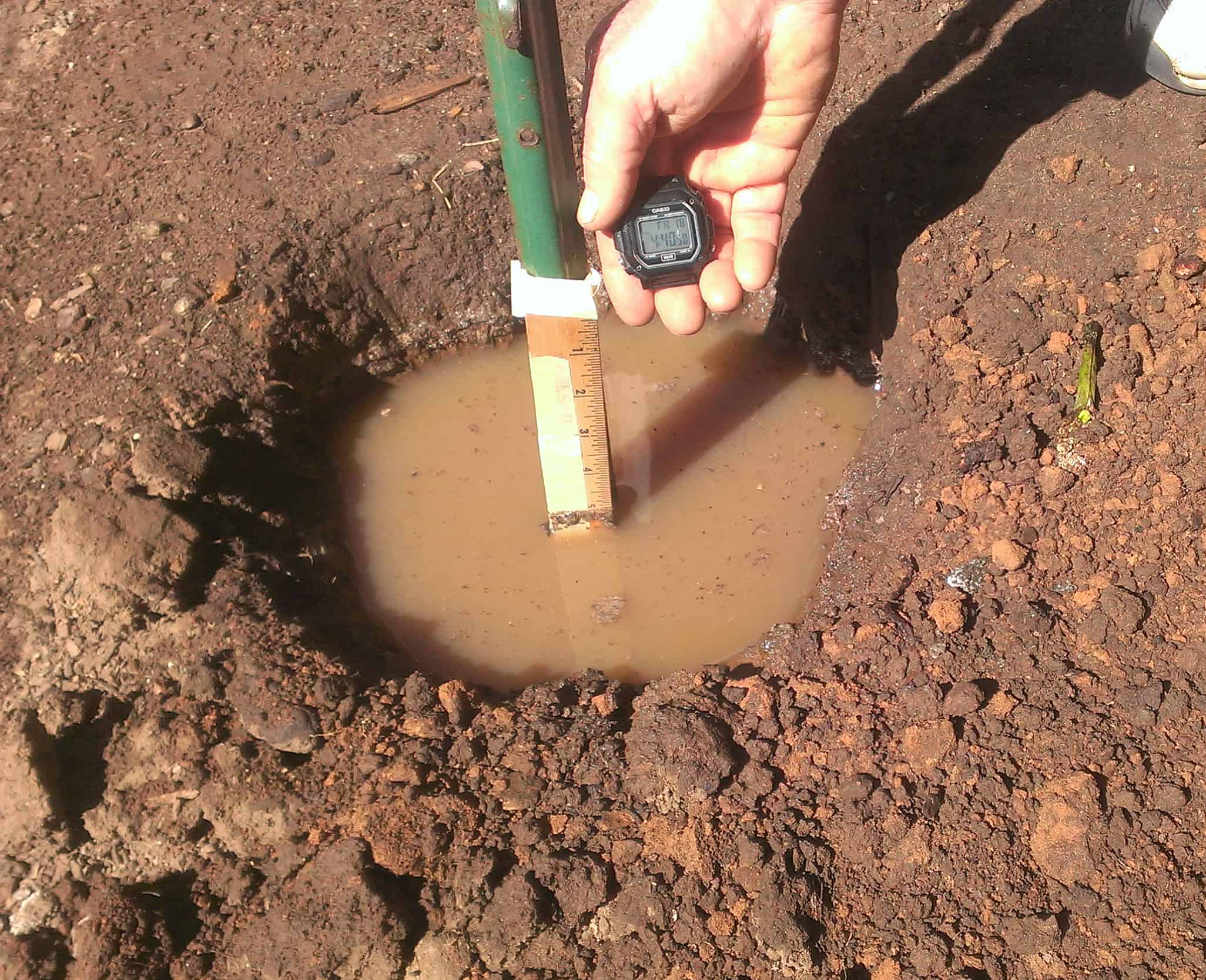 Soil percolation test for septic feasibility on rural land in Central California.
